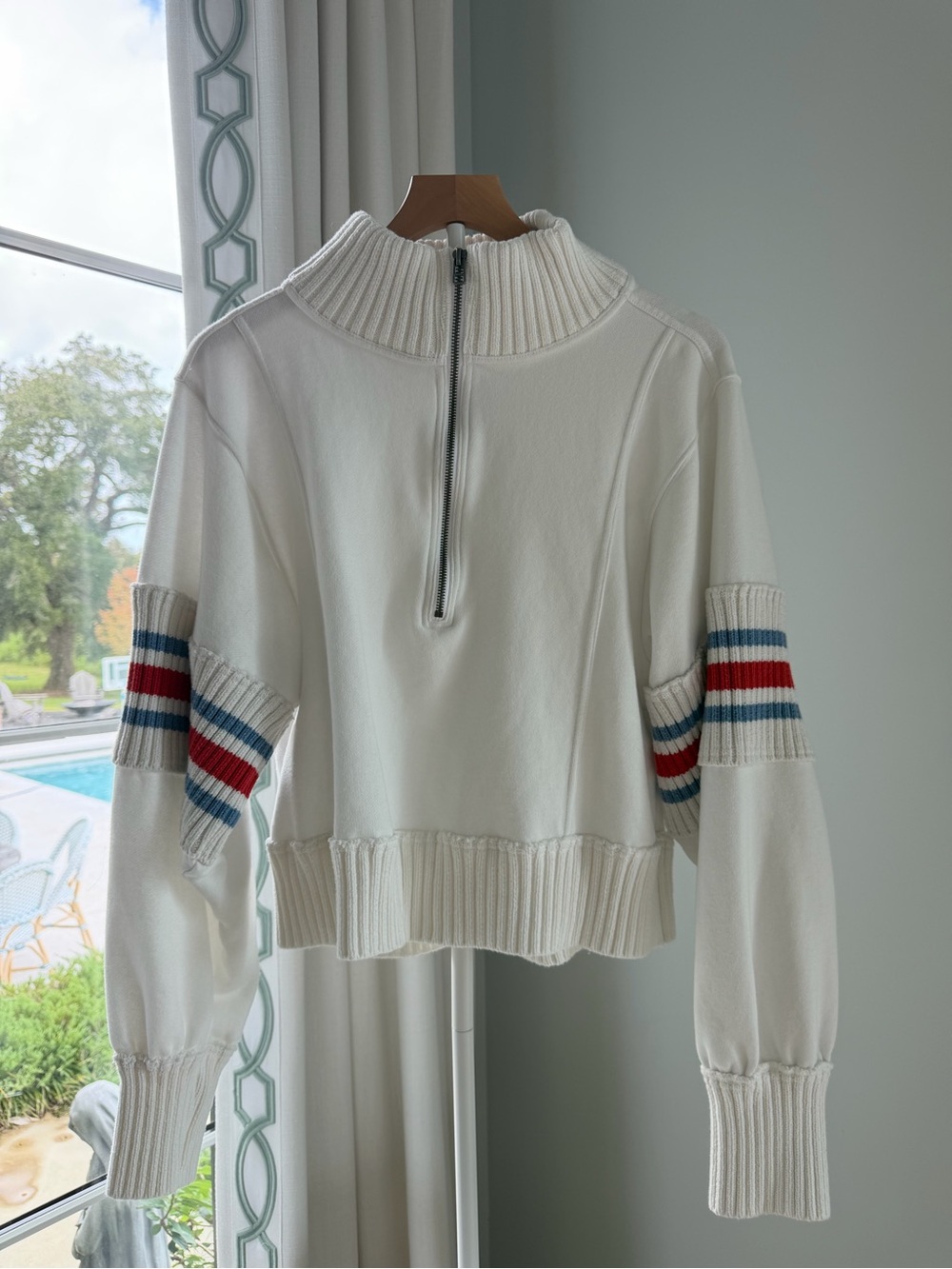 Daily Practice White Quarter Zip Pullover Sweatshirt Striped Elbow M